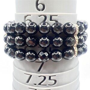 WK 925 Onyx Bead Bracelet 3 Strand Black Faceted Stretch 6.25" Whitney Kelly